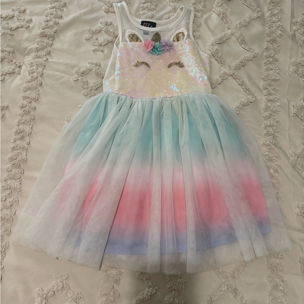 Girls Unicorn Sequin Tulle Dress - Pastel Rainbow
